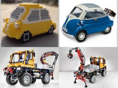 上圖為樂高按1:3比例拼搭的寶馬經(jīng)典微車 Isetta，下圖為樂高拼砌的奔馳 Unimog U 400工程車。